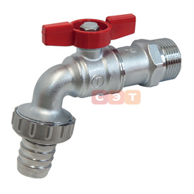 Кран шаровой 1/2" Н бабочка , латунь, хромированный, для садового шланга с выводом для резин.шланга