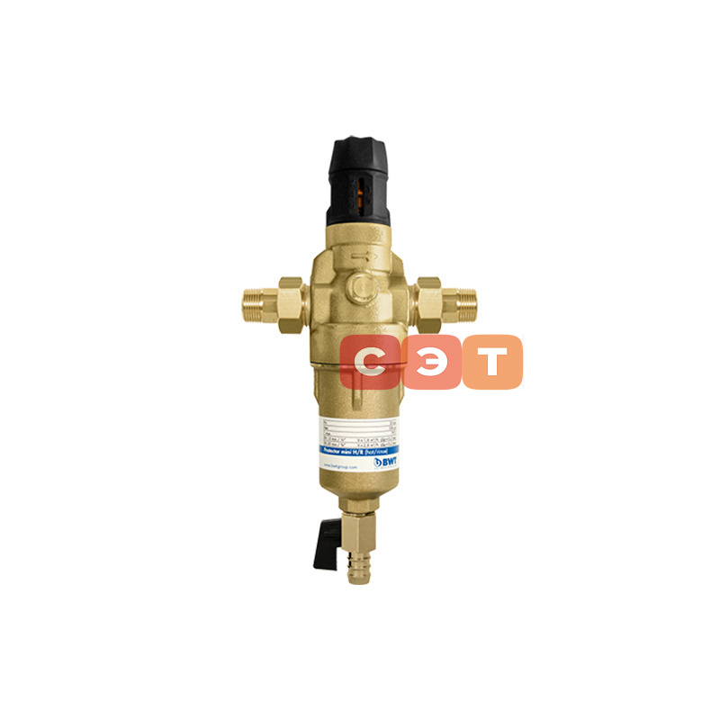 Фильтр промывной Protector mini HWS 1/2" 100 мкм c редуктором давления, латунная колба