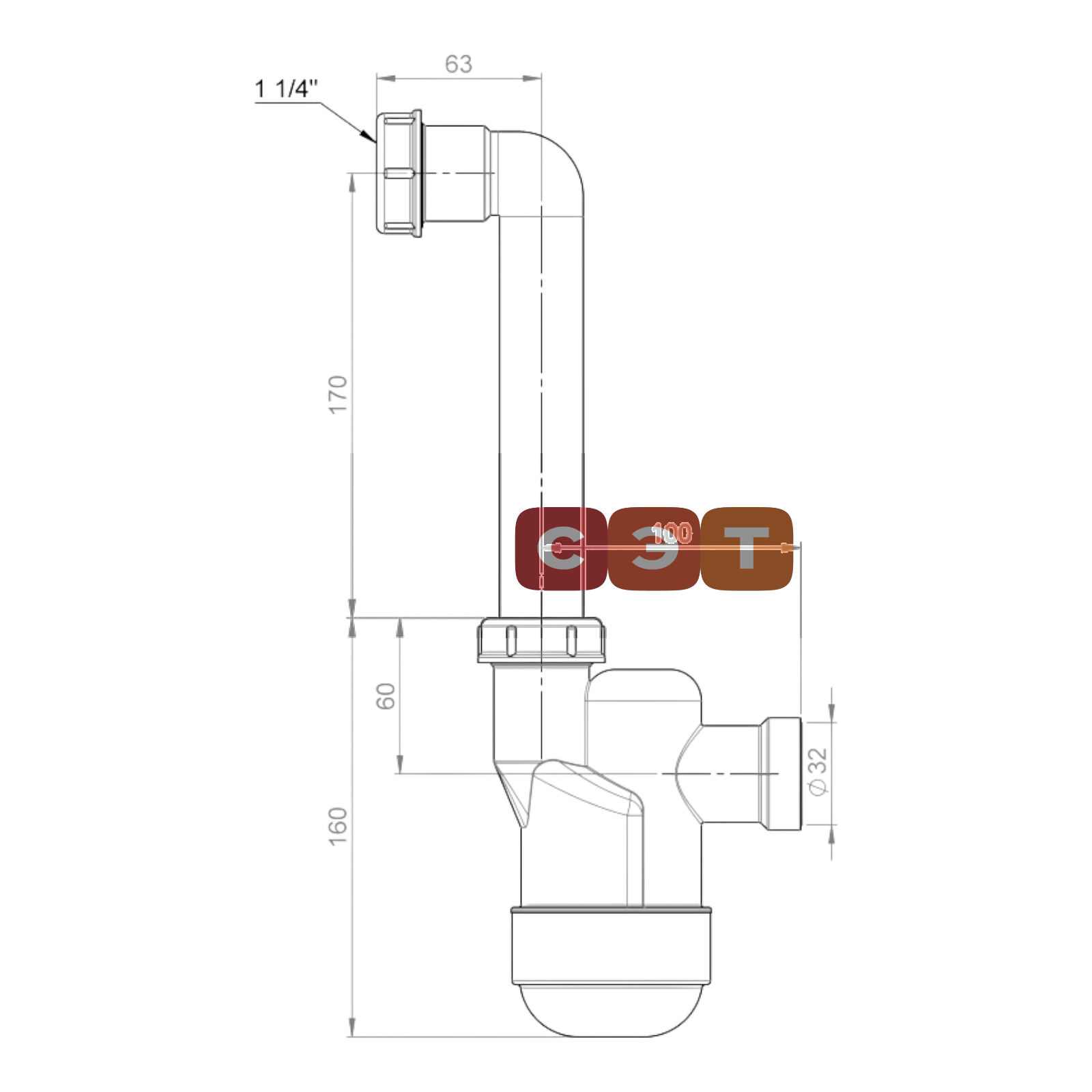 Сифон для сбора конденсата Ventloc с шариком внутри,¶накидная гайка 1 1/4", трубка 90°, 220 mm , выход слива d32, прозрачный, Prevex 