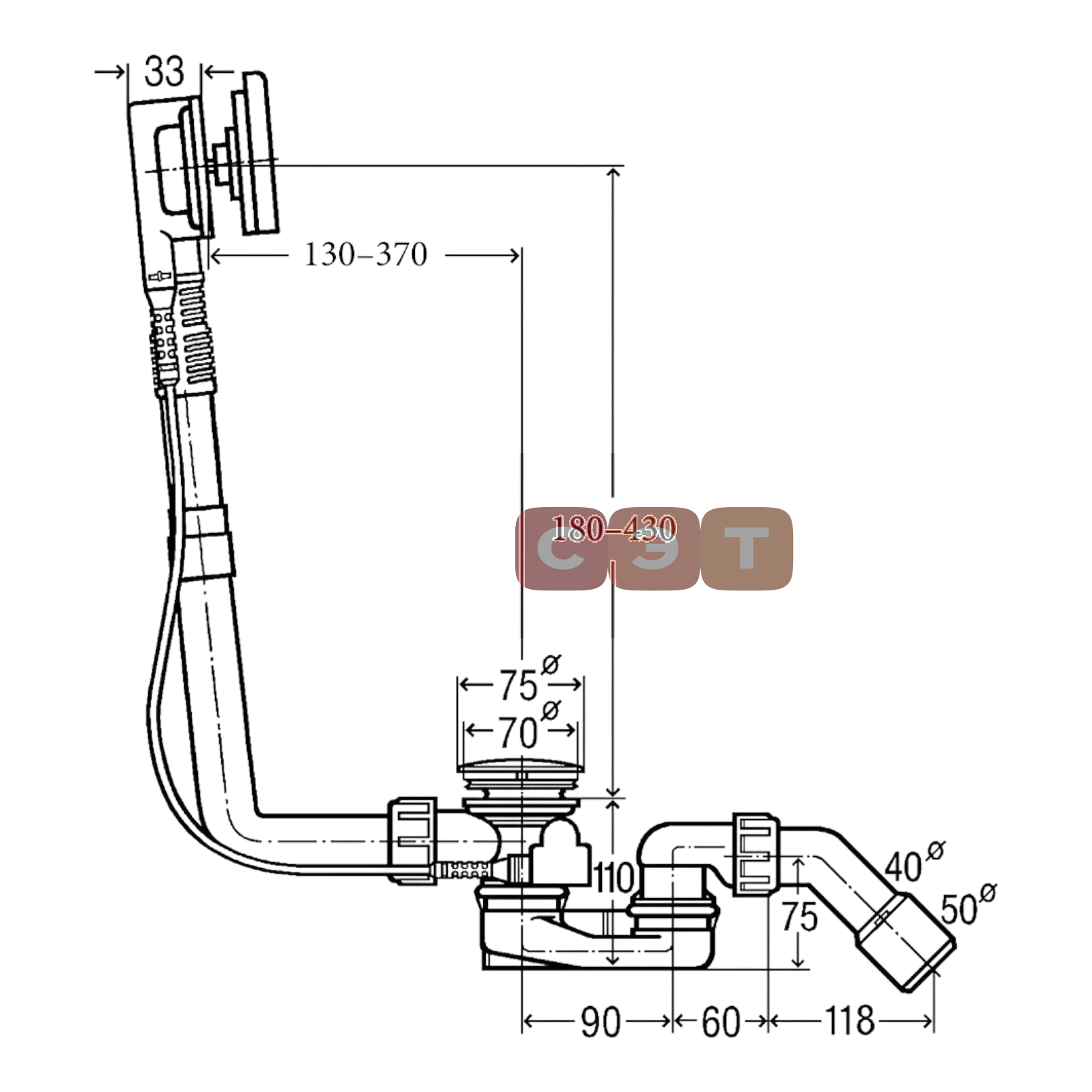 Слив/перелив для ванн Multiplex Visign M5 (автомат, DN40/50, l=150-260мм, сифон, отвод 45) (Viega)