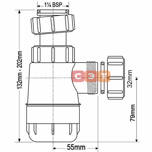 Сифон бутылочный 1 1/4 x 32 мм ,без выпуска, выход компресс. 32 мм McAlpine