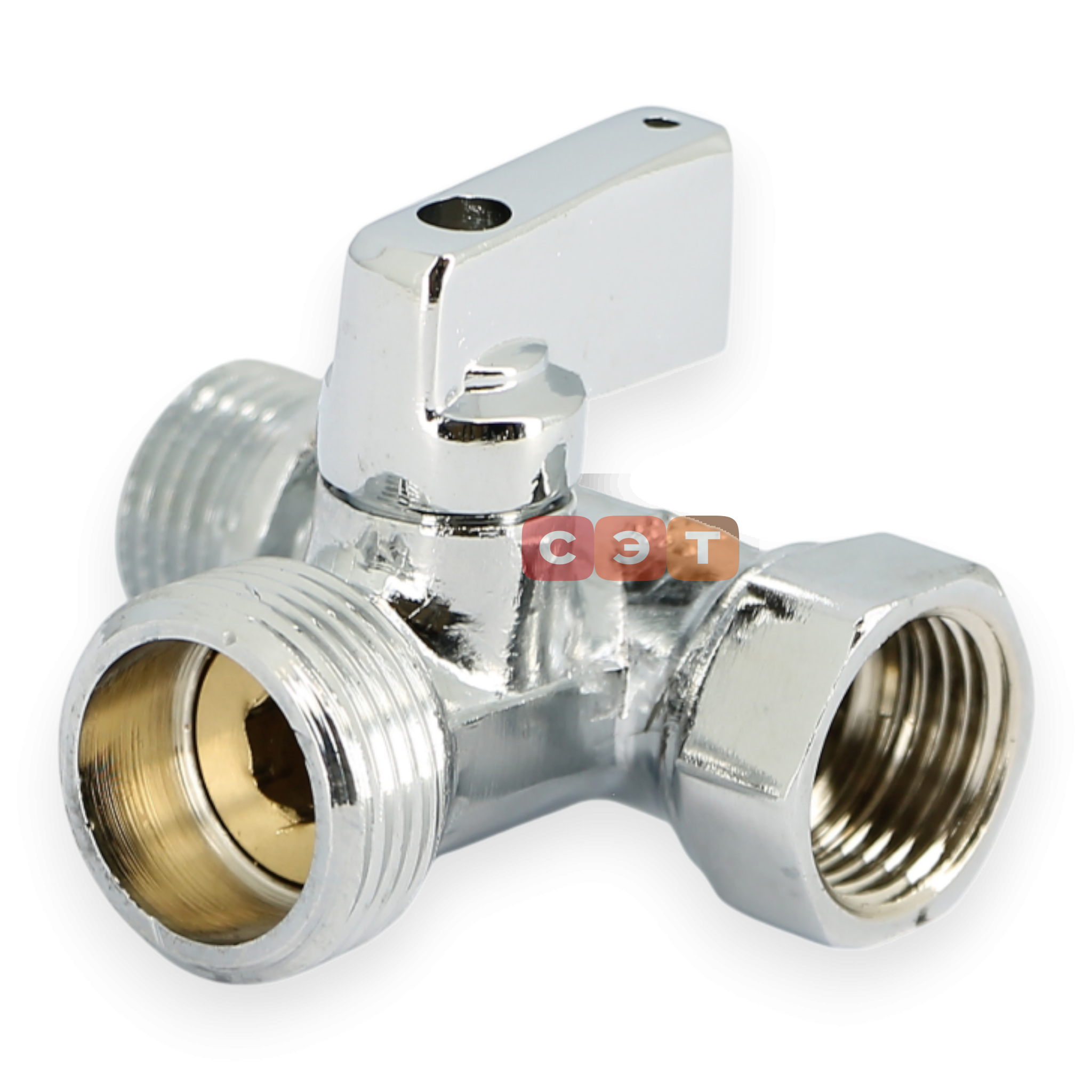 Кран шаровой ННВ 1/2" x 3/4" х 1/2" проходной для стиральных машин, флажок, хром