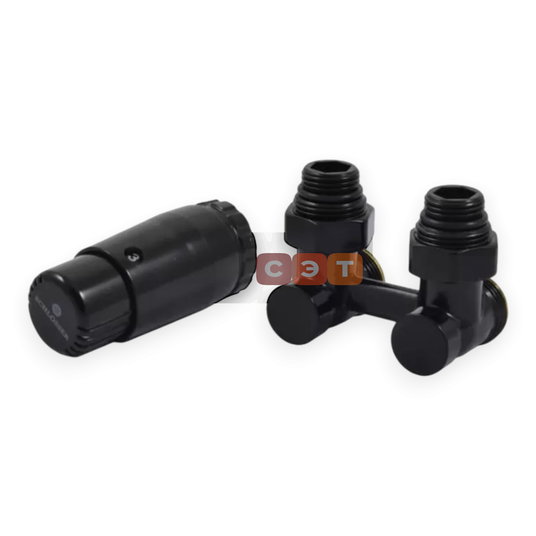 Комплект узел нижнего подключения угловой, G 3/4 x 3/4 D=50 мм с термоголовкой M30x1,5 + 2 Ниппеля 1/2x3/4 Ral 9005