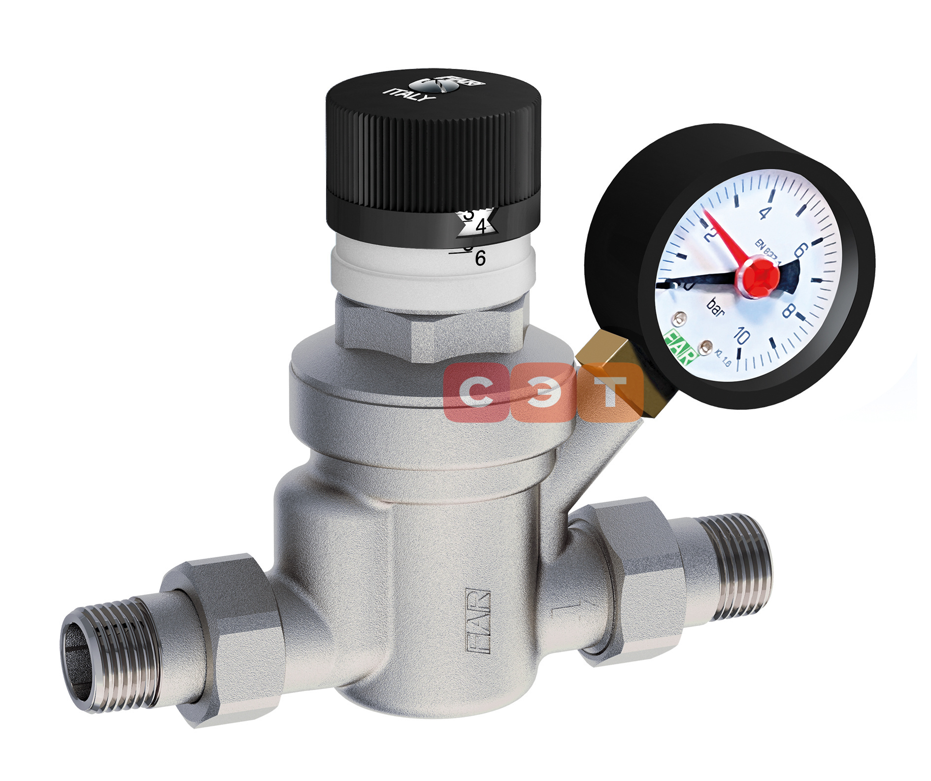 Редуктор 3/4", НР-НР, с визуализацией давления, с манометром, хромированный FAR