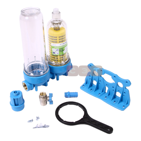 Двойная прозрачная колба 10" (Senior) с фильтром HYDRA DP MONO (SX, BX) 1"