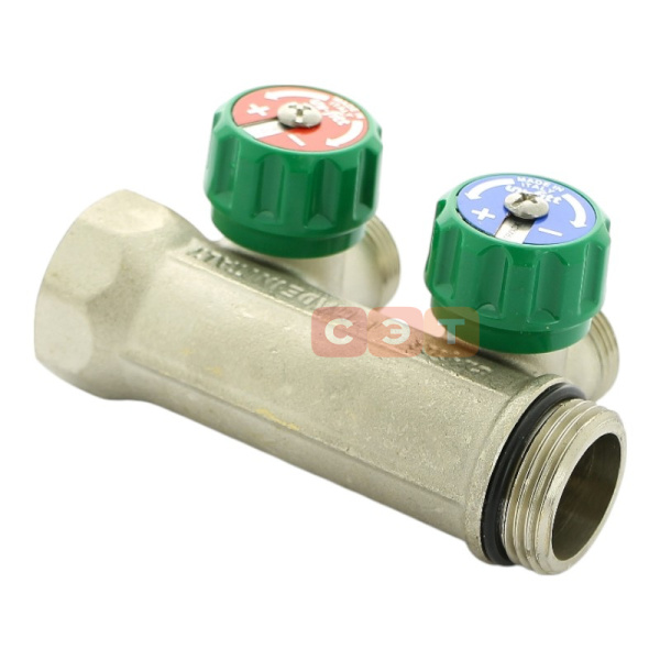 Коллектор НВ с вентилями 1" х 2 вых 3/4" ЕК межосевое расстояние 50 мм, никелированный UF 