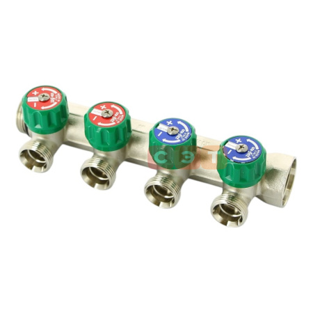 Коллектор НВ с вентилями 1" х 4 вых 3/4" ЕК межосевое расстояние 50 мм, никелированный UF 