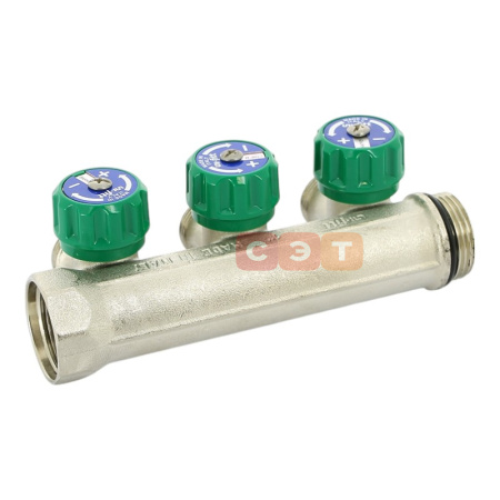 Коллектор НВ с вентилями 1" х 3 вых 3/4" ЕК межосевое расстояние 50 мм, никелированный UF 