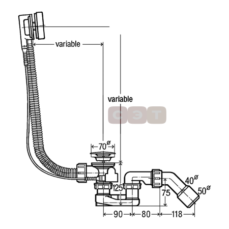 Слив/перелив для ванн Simplex (автомат, DN40/50, l=150-400мм, сифон, отвод 45) (Viega)