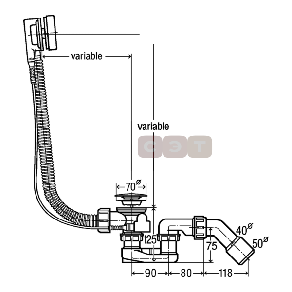 Слив/перелив для ванн Simplex (автомат, DN40/50, l=150-400мм, сифон, отвод 45) (Viega)