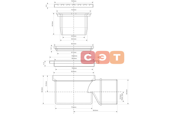 Трап 100х100 мм, H=62 мм, выход 50 мм, нерж.сталь McAlpine