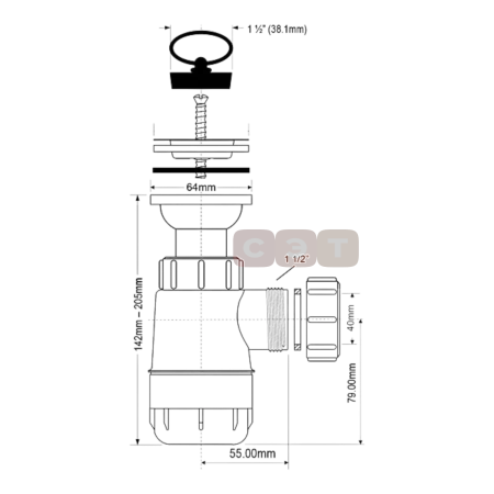 Сифон бутылочный 1 1/2 x 40 мм с вып. 60 мм и пробкой, выход 40 мм компресс. McAlpine