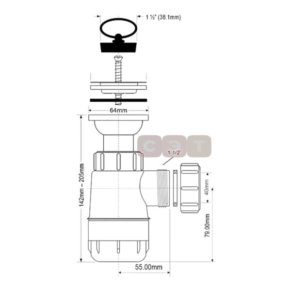 Сифон бутылочный 1 1/2 x 40 мм с вып. 60 мм и пробкой, выход 40 мм компресс. McAlpine