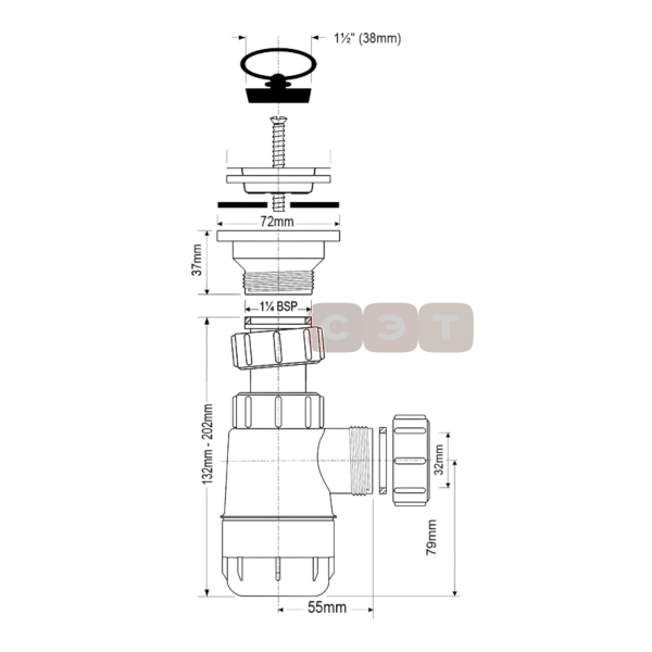Сифон бутылочный 1 1/4 x 32 мм ,без выпуска, выход компресс. 32 мм McAlpine