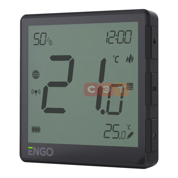 Беспроводной терморегулятор, черный, с модулем Zigbee (с аккумулятором, со встроенным датчиком влажности, с возможностью подключения датчика пола) Engo  EONE-BATB