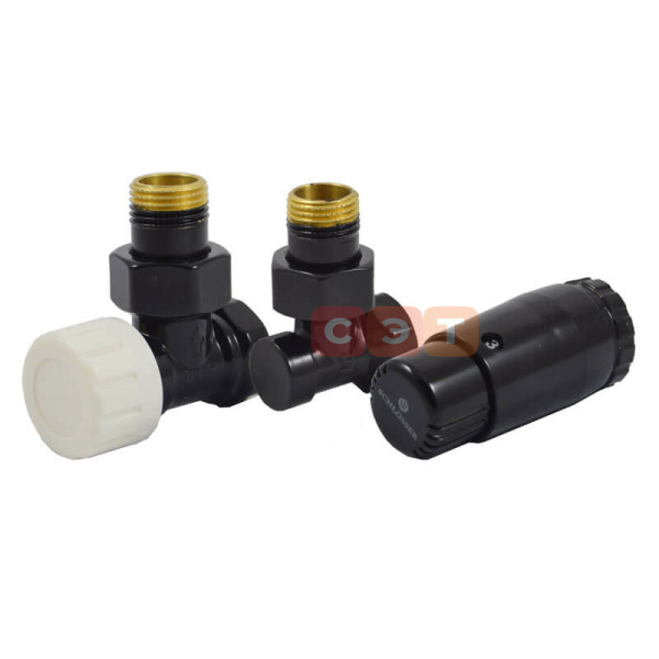 Комплект с термоголовкой Standart Мини M30x1,5 (угловой, Черный) Нр1/2' x Вр1/2'