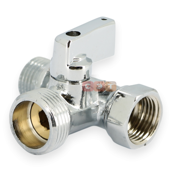 Кран шаровой ННВ 1/2" x 3/4" х 1/2" проходной для стиральных машин, флажок, хром