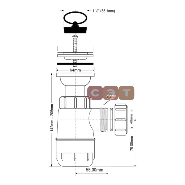 Сифон бутылочный 1 1/2 x 40 мм с вып. 60 мм и пробкой, выход 40 мм компресс. McAlpine