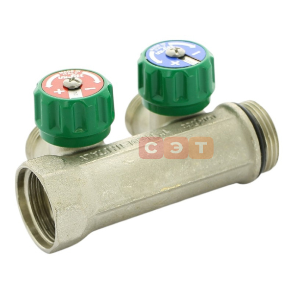 Коллектор НВ с вентилями 1" х 2 вых 3/4" ЕК межосевое расстояние 50 мм, никелированный UF 