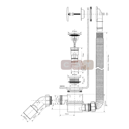 Сифон для ванны McAlpine клик-клак с раздвижным переливом 380-700 мм MRB11