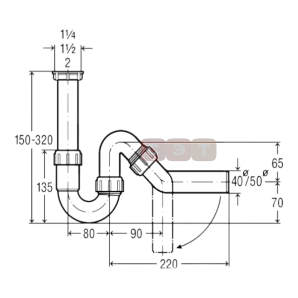 Сифон трубный для моек пластиковый (G 1"1/2х DN50, отвод под 45°) (Viega)
