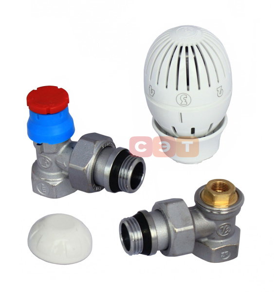 Комплект термостатический угловой (термоголовка, термостатический и запорный клапаны) 1/2"