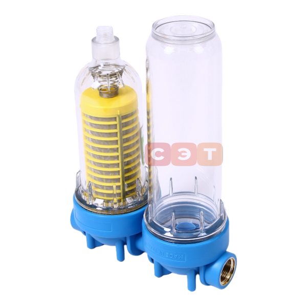 Двойная прозрачная колба 10" (Senior) с фильтром HYDRA DP MONO (SX, BX) 1"