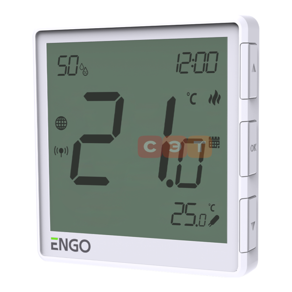 Беспроводной терморегулятор, белый, с модулем Zigbee (с аккумулятором, со встроенным датчиком влажности, с возможностью подключения датчика пола) Engo  EONE-BATW