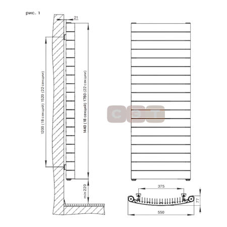 Радиатор биметаллический вертикальный Rifar CONVEX VR 500 (22 секций, боковое подкл., цвет Белый) CONV500-22