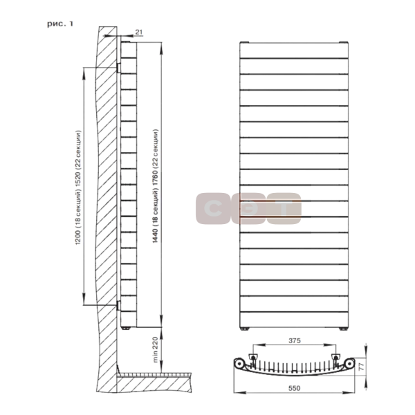 Радиатор биметаллический вертикальный Rifar CONVEX VR 500 (22 секций, боковое подкл., цвет Тит) CONV500-22TI