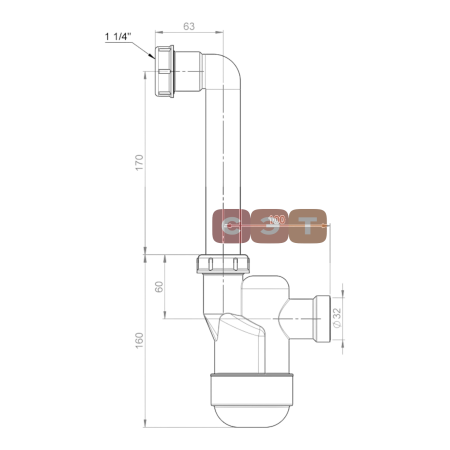 Сифон для сбора конденсата Ventloc с шариком внутри, накидная гайка 1 1/4", трубка 90°, 220 mm , выход слива d32, прозрачный, Prevex 