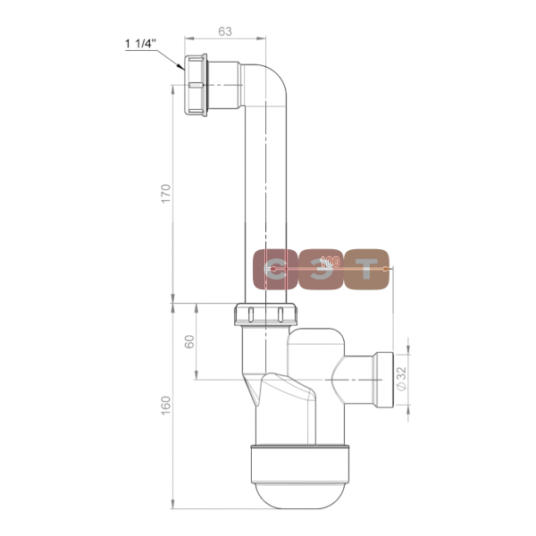 Сифон для сбора конденсата Ventloc с шариком внутри, накидная гайка 1 1/4", трубка 90°, 220 mm , выход слива d32, прозрачный, Prevex 