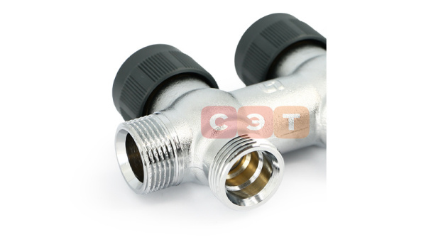 Коллектор НВ 3/4" х 4 вых 3/4" ЕК, выходы 180°, 50 мм, с вентилями, хром