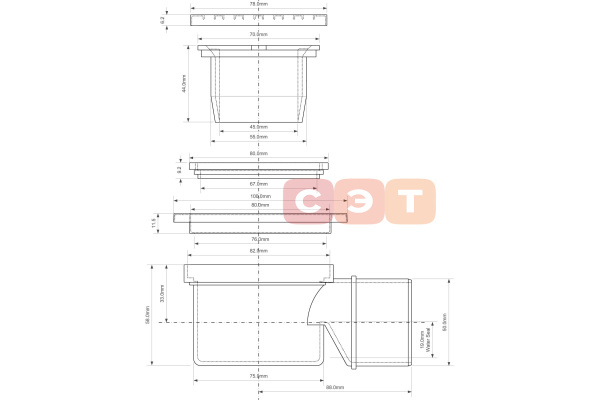 Трап 100х100 мм, H=62 мм, выход 50 мм, нерж.сталь McAlpine