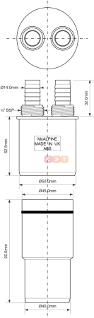Адаптер для подключения слива с 2 прямыми отводами, вход D=14 мм/ 1/2"Н, выход D=50/40мм, McAlpine