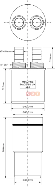 Адаптер для подключения слива с 2 прямыми отводами, вход D=14 мм/ 1/2"Н, выход D=50/40мм, McAlpine