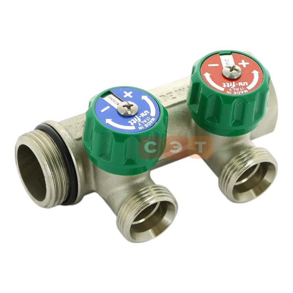 Коллектор НВ с вентилями 1" х 2 вых 3/4" ЕК межосевое расстояние 50 мм, никелированный UF 