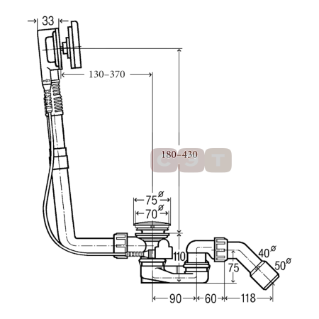 Слив/перелив для ванн Multiplex Visign M5 (автомат, DN40/50, l=150-260мм, сифон, отвод 45) (Viega)