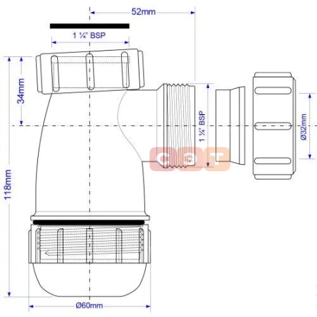 Сифон бутылочный 1 1/4 x 32 мм без выпуска, не регулир. по высоте, выход компресс. 32 мм McAlpine