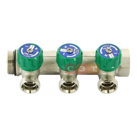 Коллектор НВ с вентилями 1" х 3 вых 3/4" ЕК межосевое расстояние 50 мм, никелированный UF 