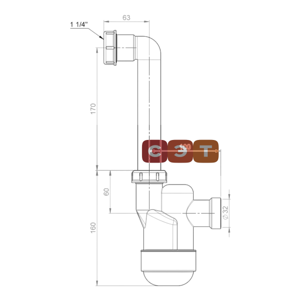 Сифон для сбора конденсата Ventloc с шариком внутри,¶накидная гайка 1 1/4", трубка 90°, 220 mm , выход слива d32, прозрачный, Prevex 