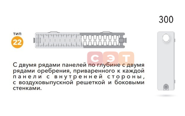 Стальной панельный радиатор Valfex тип C22 (боковое подкл) h 300мм 2900
