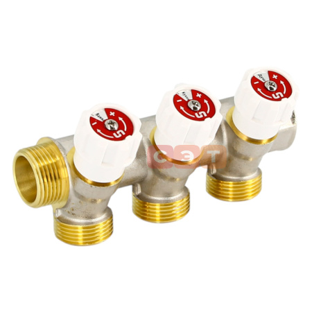 Коллектор НВ с вентилями (никелированный)  3/4" х 4 вых 3/4" ЕК Uni-Fitt
