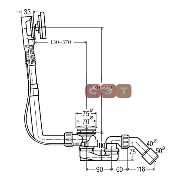Слив/перелив для ванн Multiplex Visign M5 (автомат, DN40/50, l=150-260мм, сифон, отвод 45) (Viega)