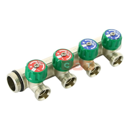 Коллектор НВ с вентилями 1" х 4 вых 3/4" ЕК межосевое расстояние 50 мм, никелированный UF 