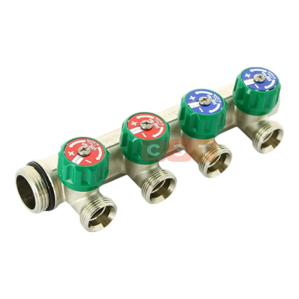 Коллектор НВ с вентилями 1" х 4 вых 3/4" ЕК межосевое расстояние 50 мм, никелированный UF 