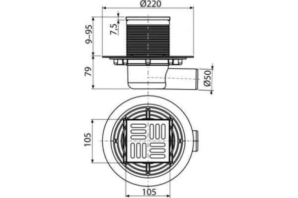 Трап 105х105 мм, H=88-174 мм, выпуск 50 мм, г/затвор комбин., нерж.сталь  Alcaplast