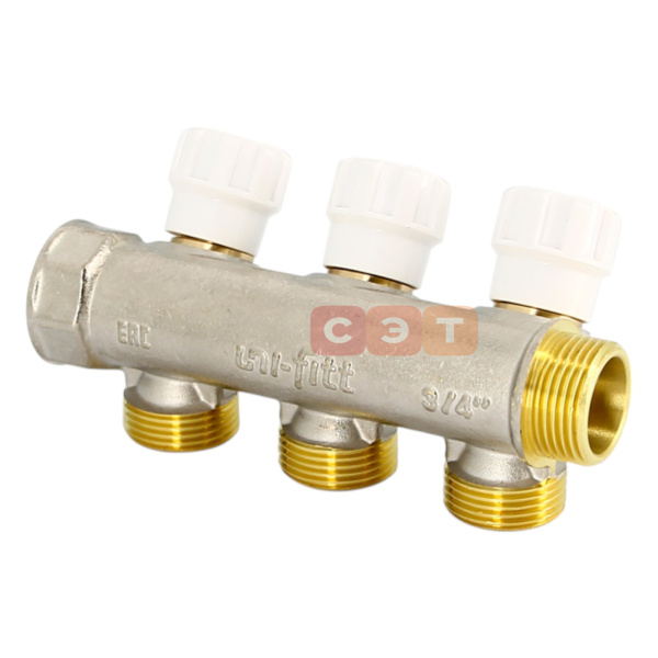Коллектор НВ с вентилями (никелированный)  3/4" х 4 вых 3/4" ЕК Uni-Fitt