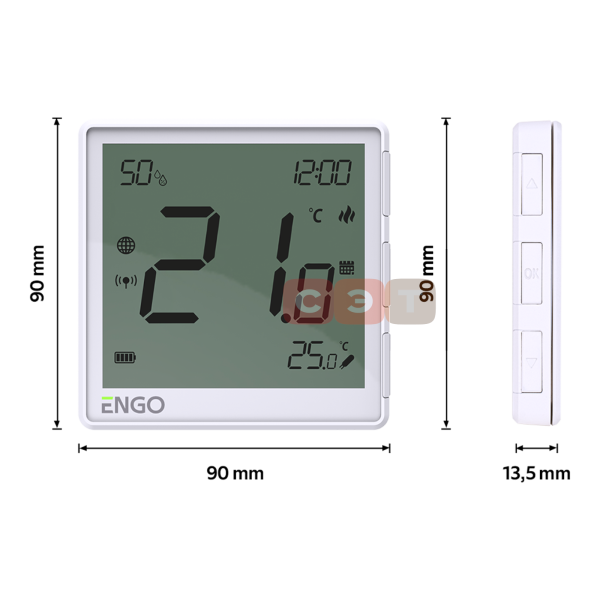Беспроводной терморегулятор, белый, с модулем Zigbee (с аккумулятором, со встроенным датчиком влажности, с возможностью подключения датчика пола) Engo  EONE-BATW