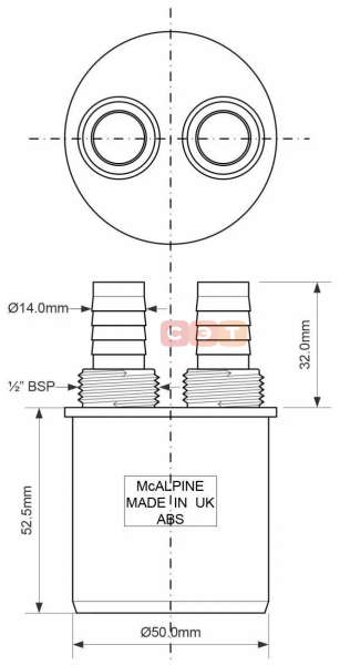 Адаптер для подключения слива с 2 прямыми отводами, вход D=14 мм/ 1/2"Н, выход D=50мм, McAlpine